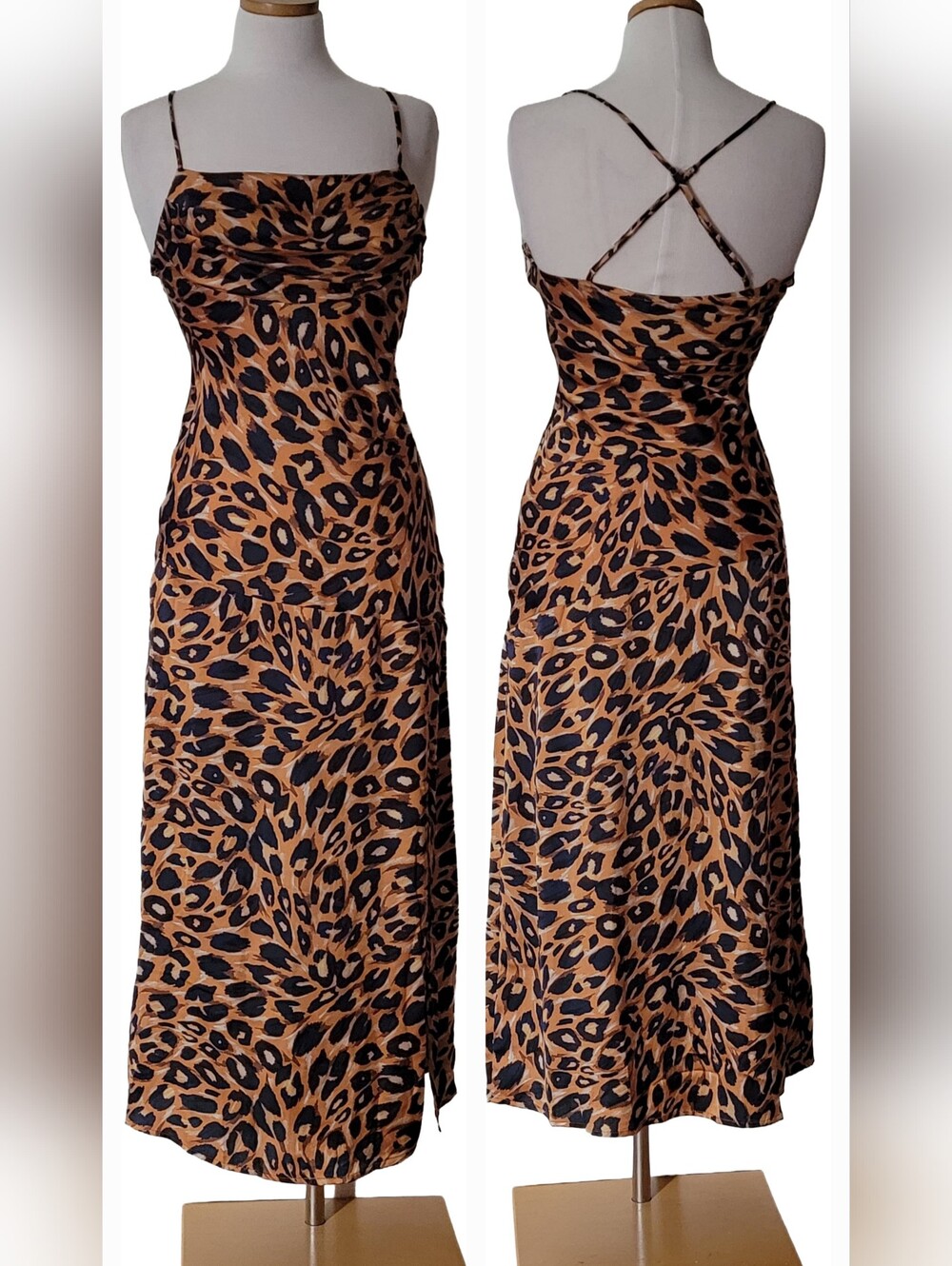 Lush Leopard Satin Ruched Date Night Ladies Night Out Brunch Slit Maxi Dress